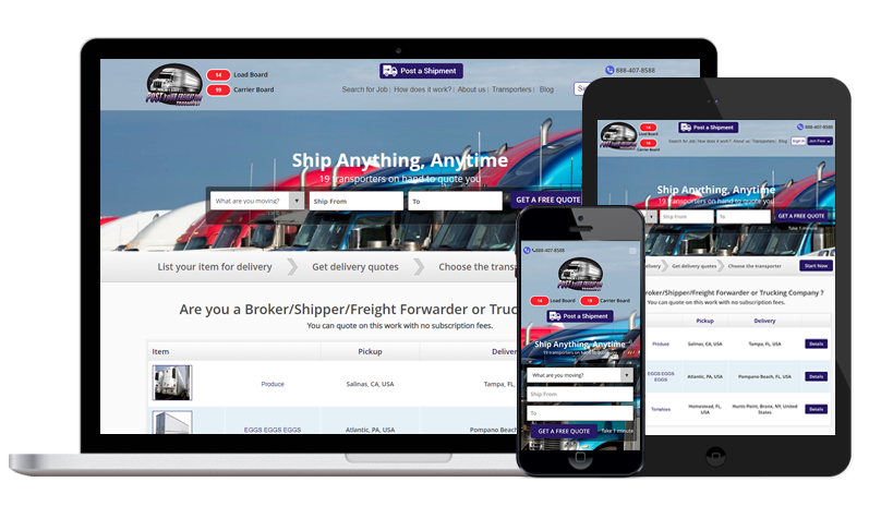Trucking21 Loadboard on laptop, tablet and phone